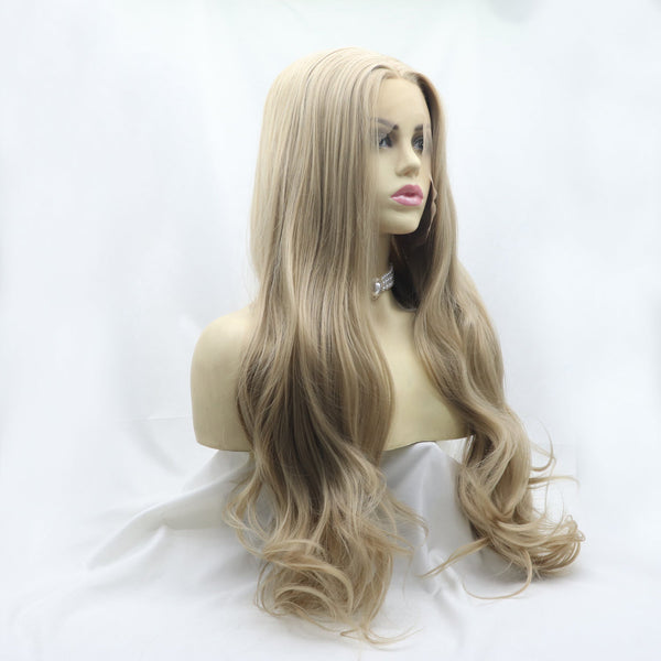 13*3" Lace Front Wigs Synthetic Long Wavy 24" 130% Density Icy blonde One Size Hair Extensions by Trendsi | Fleurcouture