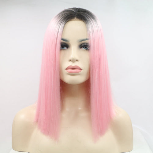 13*3" Lace Front Wigs Synthetic Mid-length Straight 12" 130% Density Black/Pink One Size Hair Extensions by Trendsi | Fleurcouture