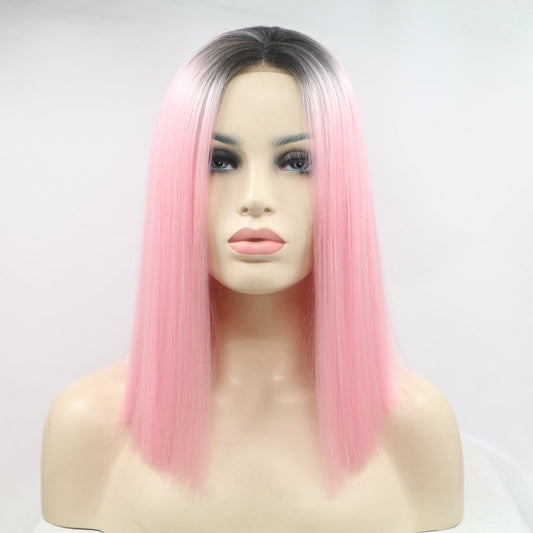13*3" Lace Front Wigs Synthetic Mid-length Straight 12" 130% Density Black/Pink One Size Hair Extensions by Trendsi | Fleurcouture