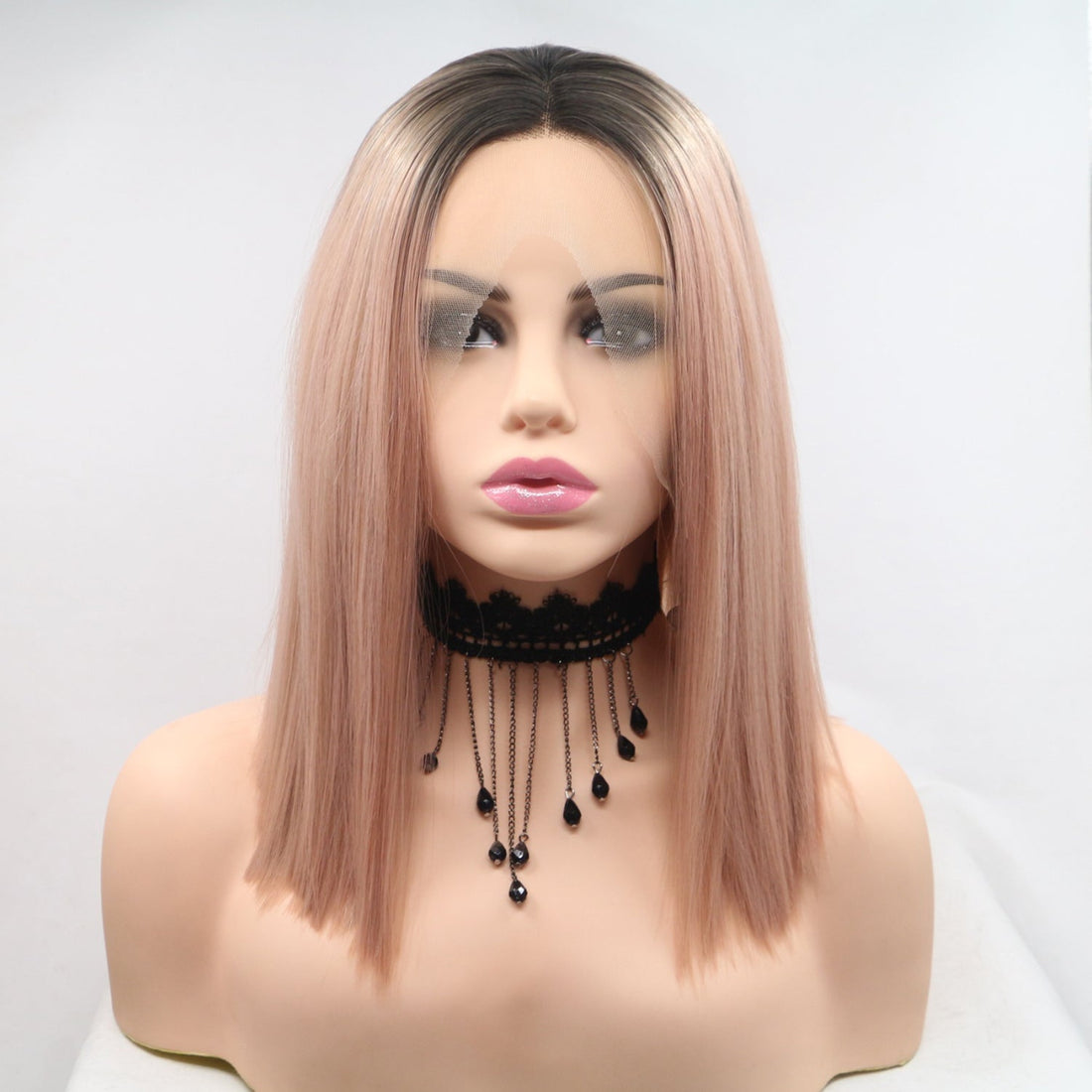 13*3&quot; Lace Front Wigs Synthetic Mid-length Straight 12&quot; 130% Density Black/Pink One Size by Trendsi | Fleurcouture