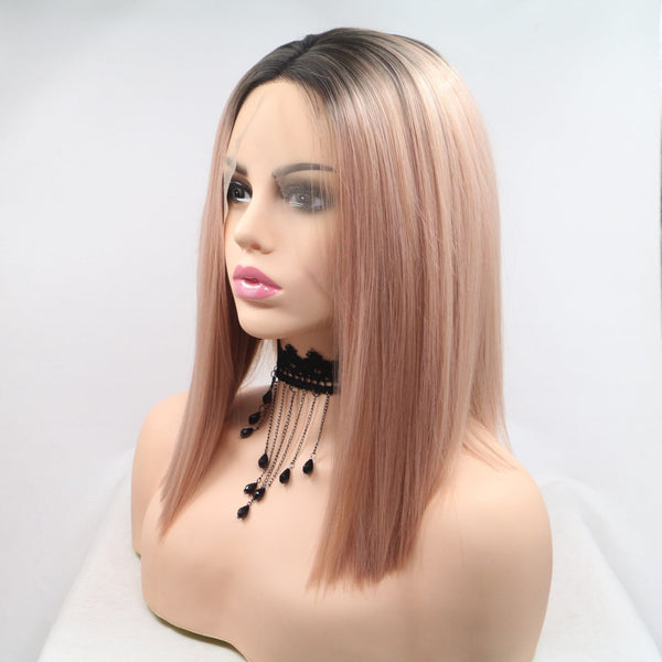 13*3" Lace Front Wigs Synthetic Mid-length Straight 12" 130% Density Black/Pink One Size by Trendsi | Fleurcouture