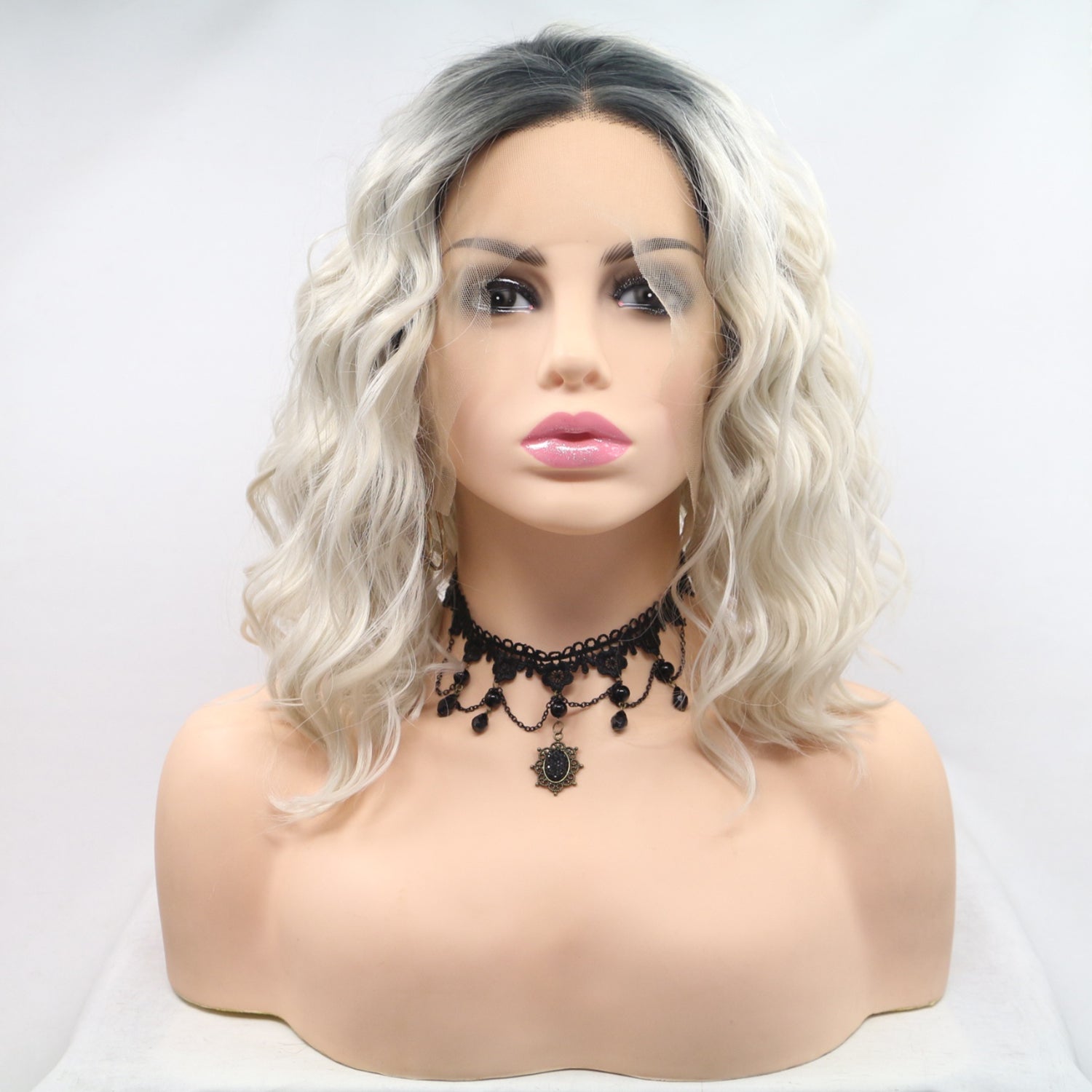 13*3&quot; Lace Front Wigs Synthetic Mid-length Wavy 12&quot; 130% Density Black/White One Size Hair Extensions by Trendsi | Fleurcouture