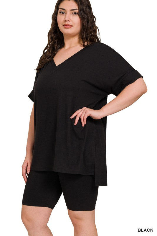 PLUS BRUSHED DTY MICROFIBER V-NECK TOP &amp; BIKER