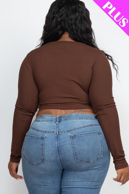 Plus Size Long Sleeve Snap Button Down Crop Top