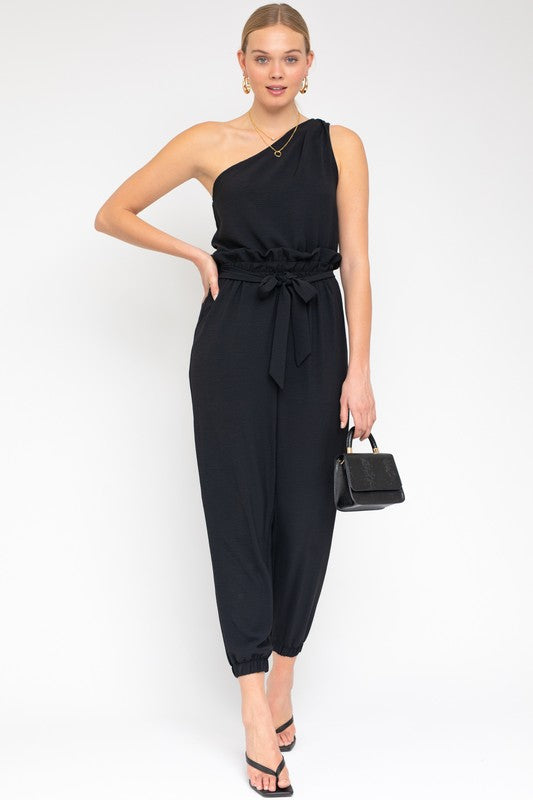 Sleeveless One Shoulder Waist Tie Jumpsuit