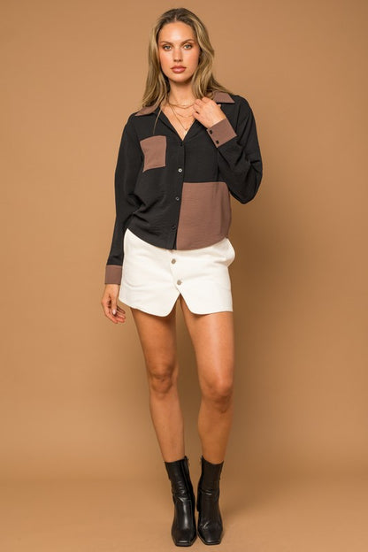 Long Sleeve Contrast Button Down Top