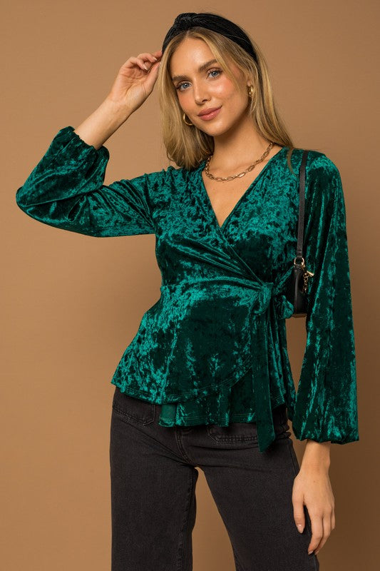 L/S Wrap Waist Tie Velvet Top