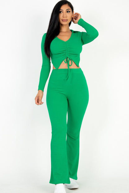 Ruched Drawstring Crop Shirt &amp; Flare Pants Set