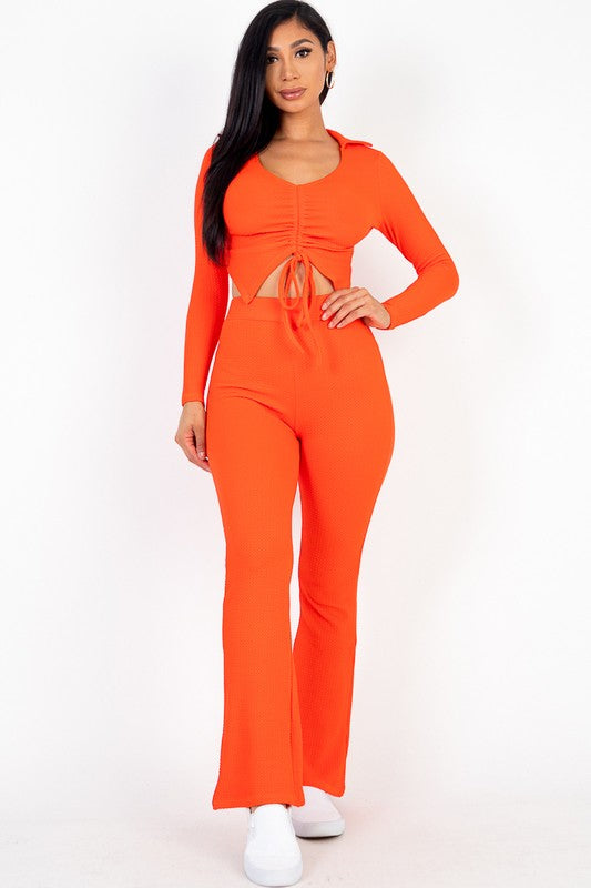 Ruched Drawstring Crop Shirt &amp; Flare Pants Set