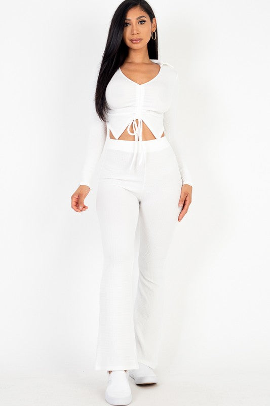 Ruched Drawstring Crop Shirt &amp; Flare Pants Set