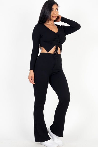 Ruched Drawstring Crop Shirt &amp; Flare Pants Set