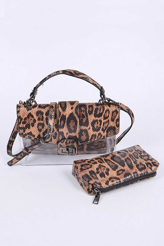 2 In 1 Leopard Print Cleared Bag Set Leopard O/S by Artini Accessories | Fleurcouture