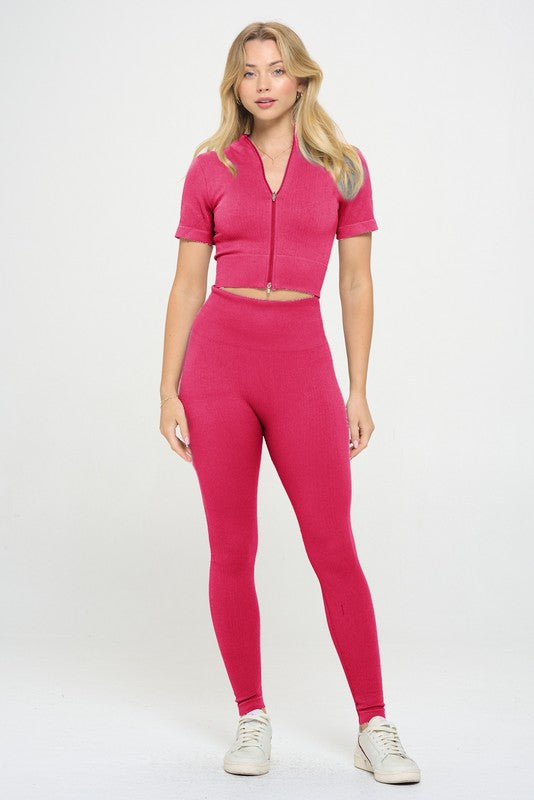 2 Piece Ribbed Seamless Zip up Jacket set Fuchsia S by OTOS Active | Fleurcouture