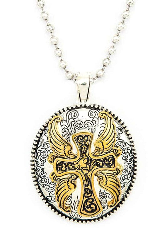 2 Tone Cross Engraved Pendant Necklace Set 2 Tone O/S by LA Jewelry Plaza | Fleurcouture