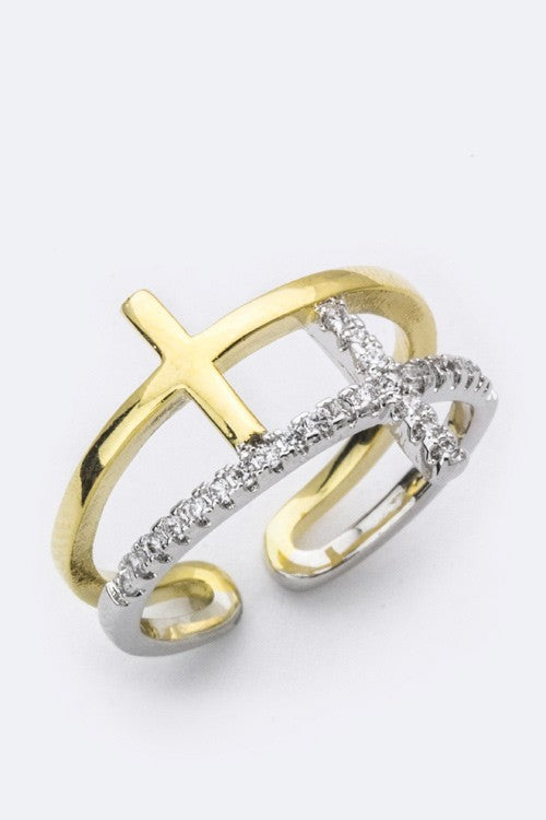 2 Tone CZ Crosses Ring Clear O/S by LA Jewelry Plaza | Fleurcouture