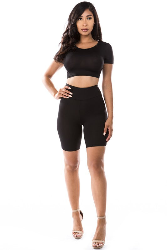 2PC SET CROP TOP WITH BICYCLE PANT BLACK by By Claude | Fleurcouture