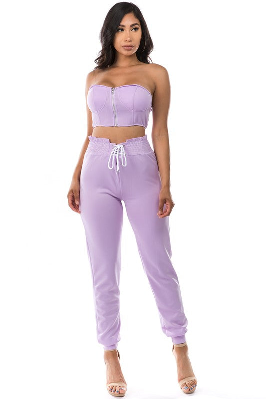 2PC SET CROP TOP WITH PANT LAVENDER by By Claude | Fleurcouture