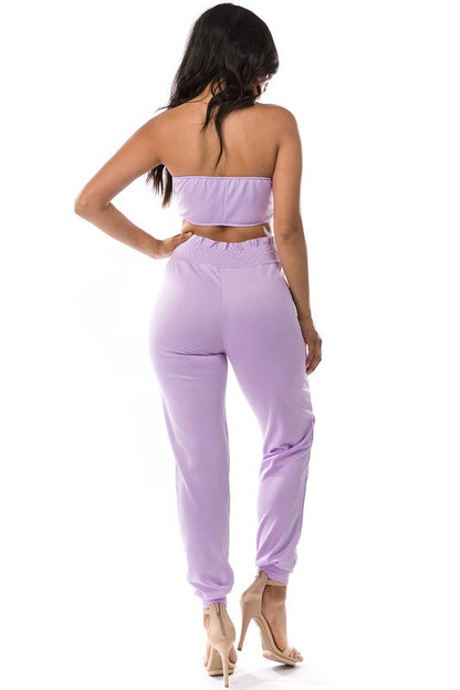 2PC SET CROP TOP WITH PANT LAVENDER by By Claude | Fleurcouture