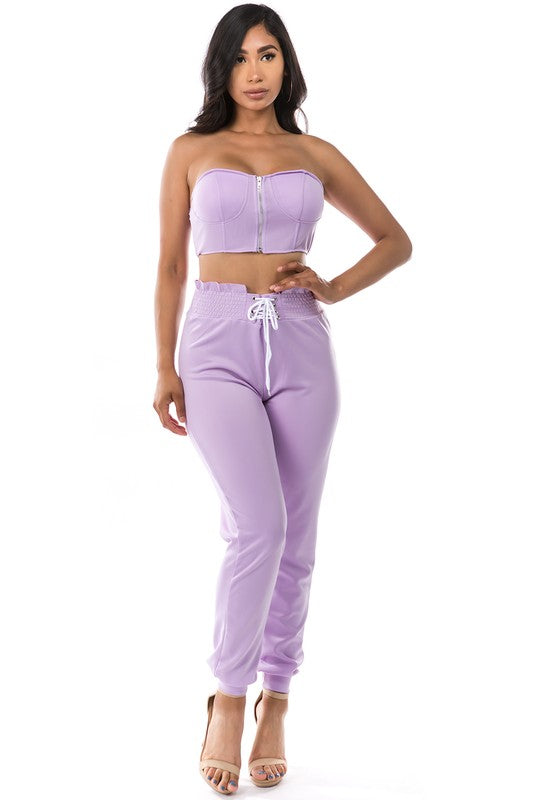 2PC SET CROP TOP WITH PANT LAVENDER S by By Claude | Fleurcouture