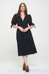 3/4 PUFF SLV TEXTURE VNECK BUTTON DOWN MIDI DRESS BLACK S by Jade By Jane | Fleurcouture