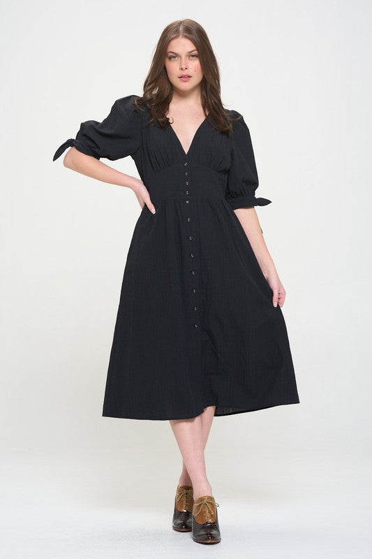 3/4 PUFF SLV TEXTURE VNECK BUTTON DOWN MIDI DRESS by Jade By Jane | Fleurcouture