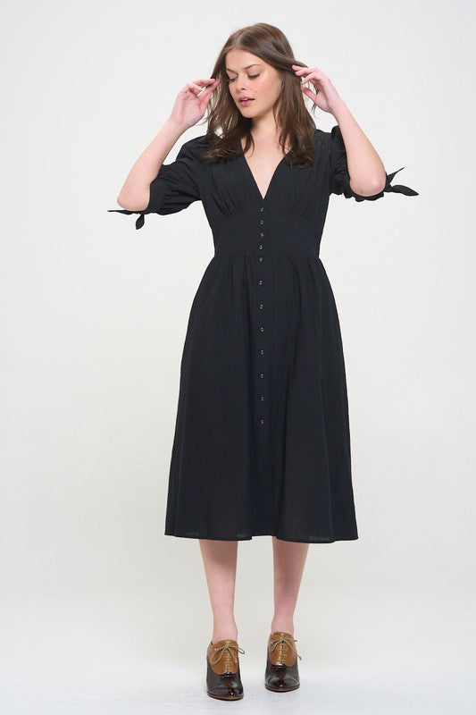 3/4 PUFF SLV TEXTURE VNECK BUTTON DOWN MIDI DRESS by Jade By Jane | Fleurcouture