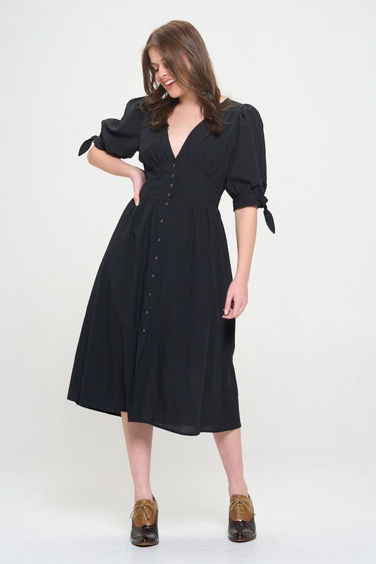 3/4 PUFF SLV TEXTURE VNECK BUTTON DOWN MIDI DRESS by Jade By Jane | Fleurcouture