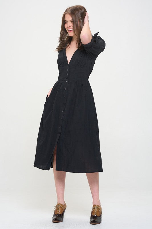 3/4 PUFF SLV TEXTURE VNECK BUTTON DOWN MIDI DRESS by Jade By Jane | Fleurcouture