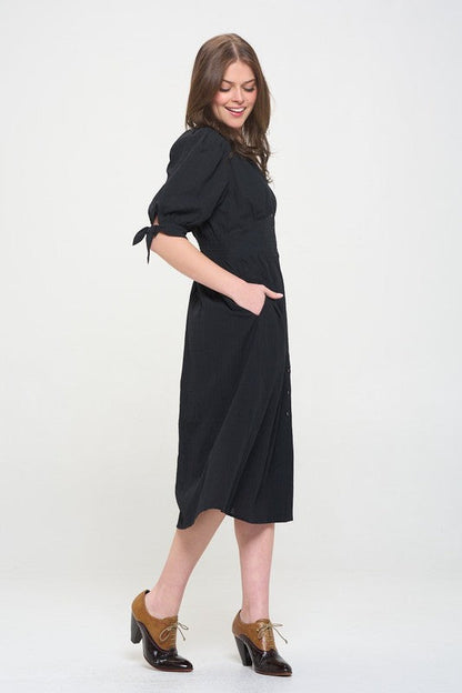 3/4 PUFF SLV TEXTURE VNECK BUTTON DOWN MIDI DRESS by Jade By Jane | Fleurcouture