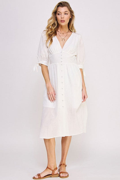 3/4 PUFF SLV TEXTURE VNECK BUTTON DOWN MIDI DRESS by Jade By Jane | Fleurcouture