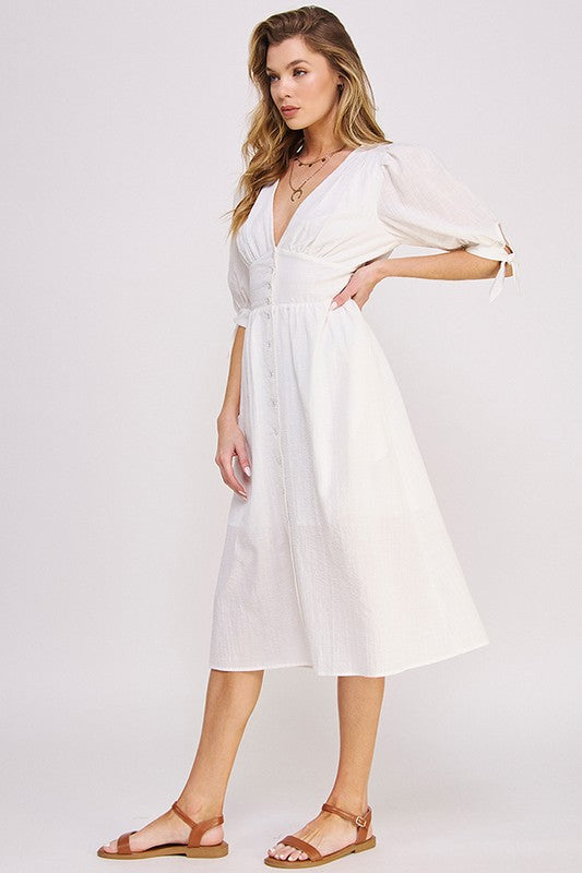 3/4 PUFF SLV TEXTURE VNECK BUTTON DOWN MIDI DRESS by Jade By Jane | Fleurcouture