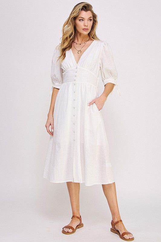 3/4 PUFF SLV TEXTURE VNECK BUTTON DOWN MIDI DRESS OFF WHITE S by Jade By Jane | Fleurcouture