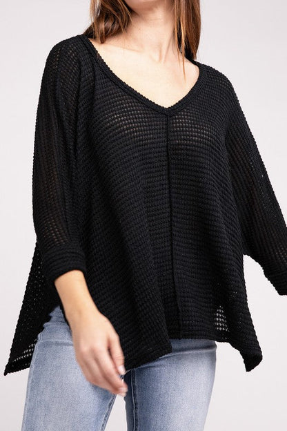 3/4 Sleeve V-Neck Hi-Low Hem Jacquard Sweater BLACK S/M by ZENANA | Fleurcouture