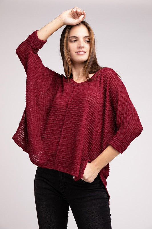 3/4 Sleeve V-Neck Hi-Low Hem Jacquard Sweater by ZENANA | Fleurcouture