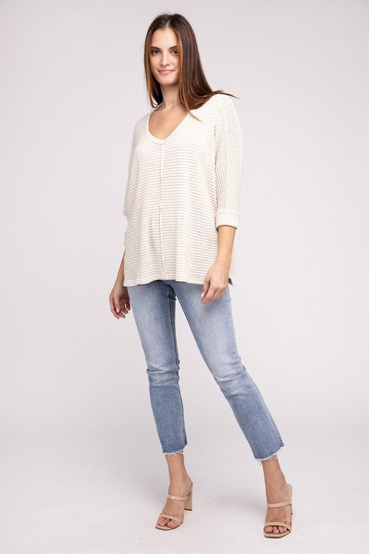 3/4 Sleeve V-Neck Hi-Low Hem Jacquard Sweater by ZENANA | Fleurcouture