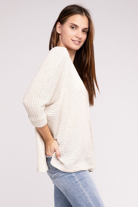 3/4 Sleeve V-Neck Hi-Low Hem Jacquard Sweater by ZENANA | Fleurcouture