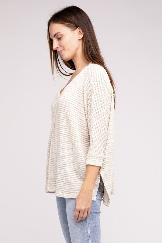 3/4 Sleeve V-Neck Hi-Low Hem Jacquard Sweater by ZENANA | Fleurcouture