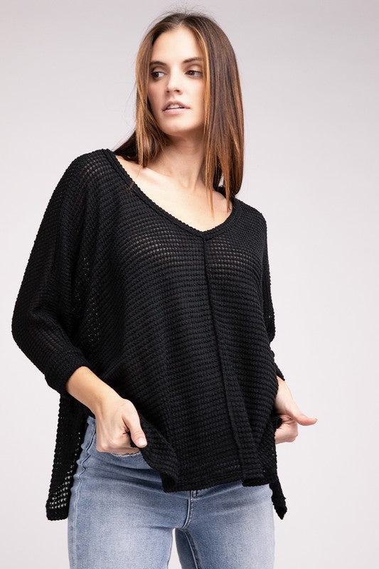 3/4 Sleeve V-Neck Hi-Low Hem Jacquard Sweater by ZENANA | Fleurcouture