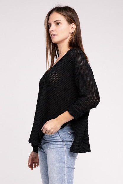 3/4 Sleeve V-Neck Hi-Low Hem Jacquard Sweater by ZENANA | Fleurcouture