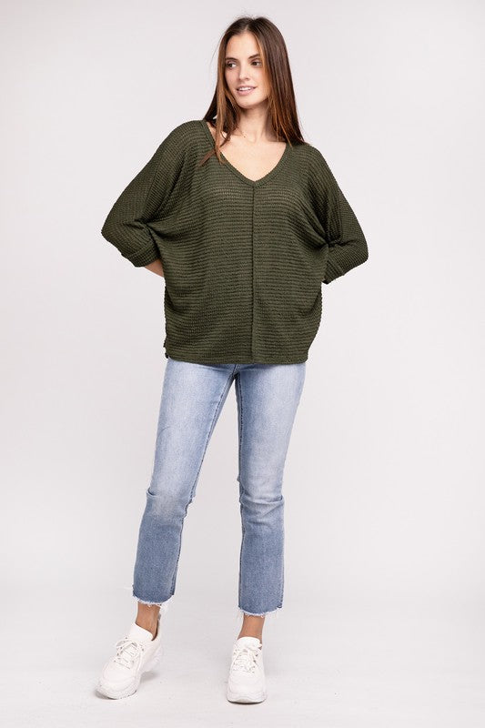 3/4 Sleeve V-Neck Hi-Low Hem Jacquard Sweater by ZENANA | Fleurcouture