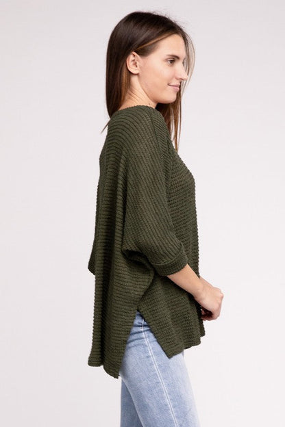 3/4 Sleeve V-Neck Hi-Low Hem Jacquard Sweater by ZENANA | Fleurcouture