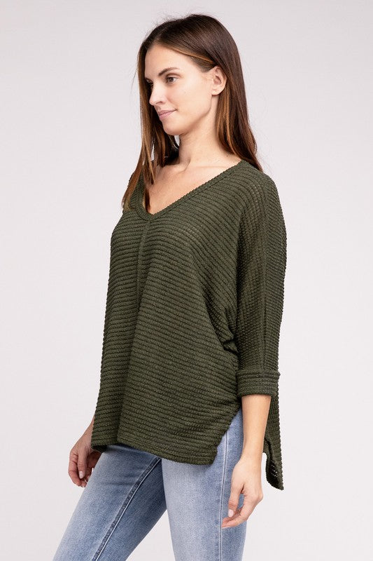 3/4 Sleeve V-Neck Hi-Low Hem Jacquard Sweater by ZENANA | Fleurcouture