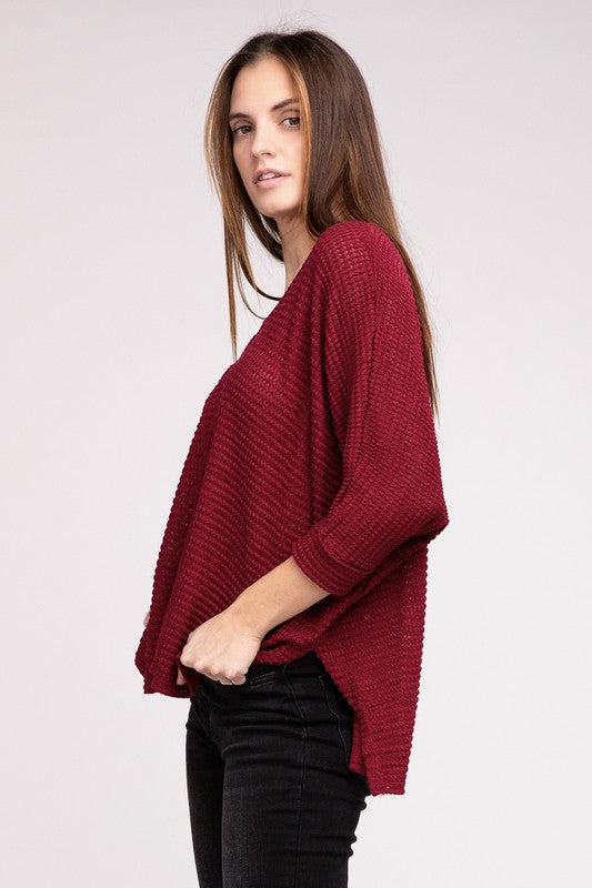 3/4 Sleeve V-Neck Hi-Low Hem Jacquard Sweater by ZENANA | Fleurcouture