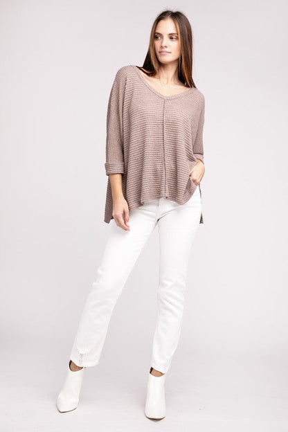 3/4 Sleeve V-Neck Hi-Low Hem Jacquard Sweater by ZENANA | Fleurcouture