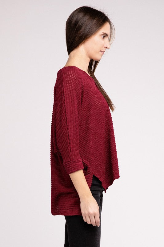 3/4 Sleeve V-Neck Hi-Low Hem Jacquard Sweater by ZENANA | Fleurcouture