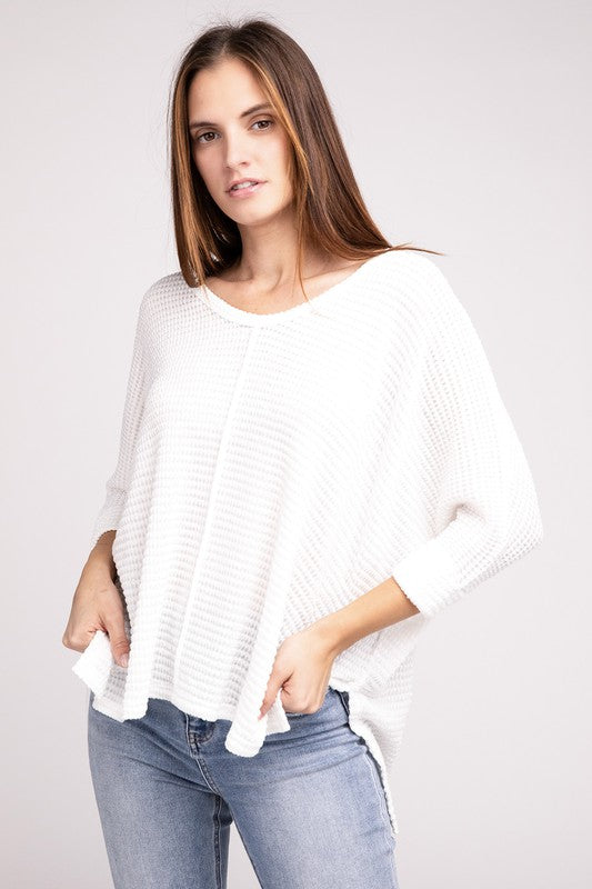 3/4 Sleeve V-Neck Hi-Low Hem Jacquard Sweater by ZENANA | Fleurcouture