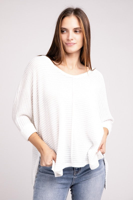 3/4 Sleeve V-Neck Hi-Low Hem Jacquard Sweater by ZENANA | Fleurcouture