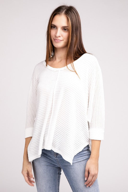 3/4 Sleeve V-Neck Hi-Low Hem Jacquard Sweater by ZENANA | Fleurcouture