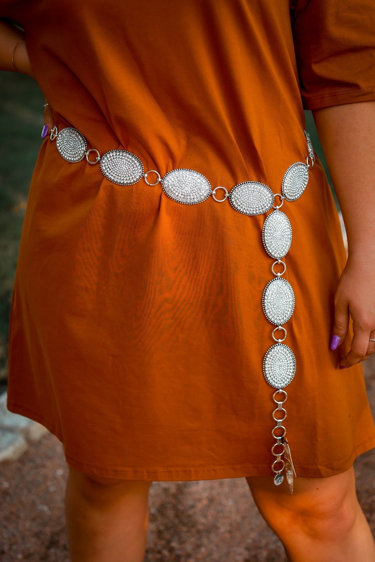 A Weekend In Dallas Oval Clear Crystal Concho Link Belt,Plus Silver Plus Size Belts by Southern Grace | Fleurcouture