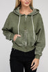 Acid Wash Fleece Cropped Zip-Up Hoodie LT OLIVE S by ZENANA | Fleurcouture